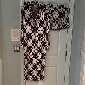 Geometric Black and White Cardigan and Skirt Set